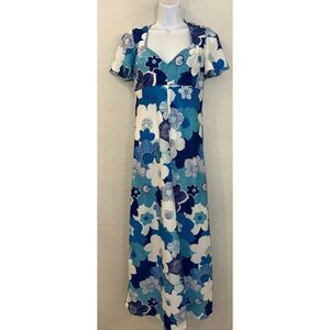 McInerny Hawaiian Dress Blue White Floral Vintage Maxi Size Small‎ Empire Waist